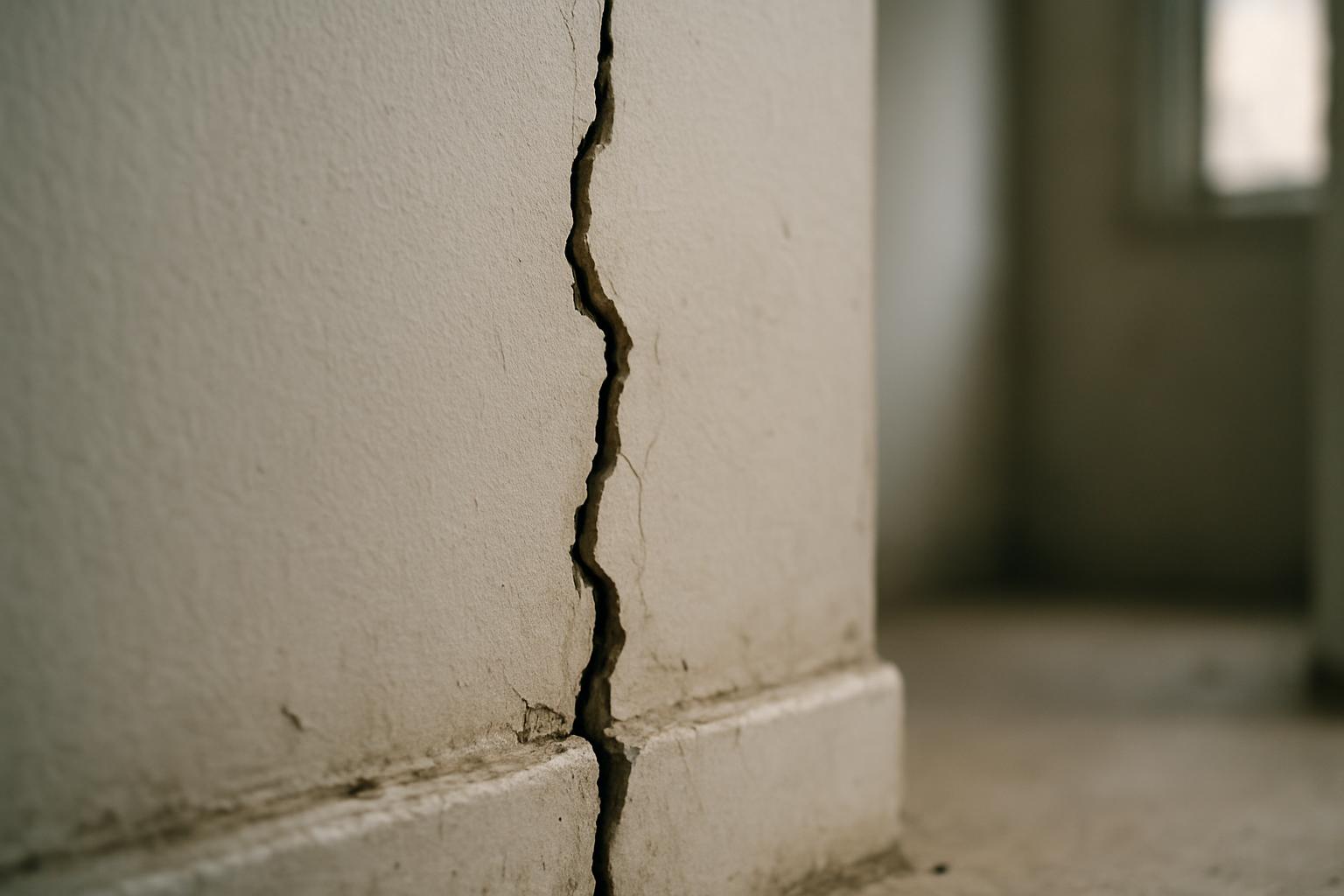A close-up of a cracked plaster wall flagged as a defect on a building site.