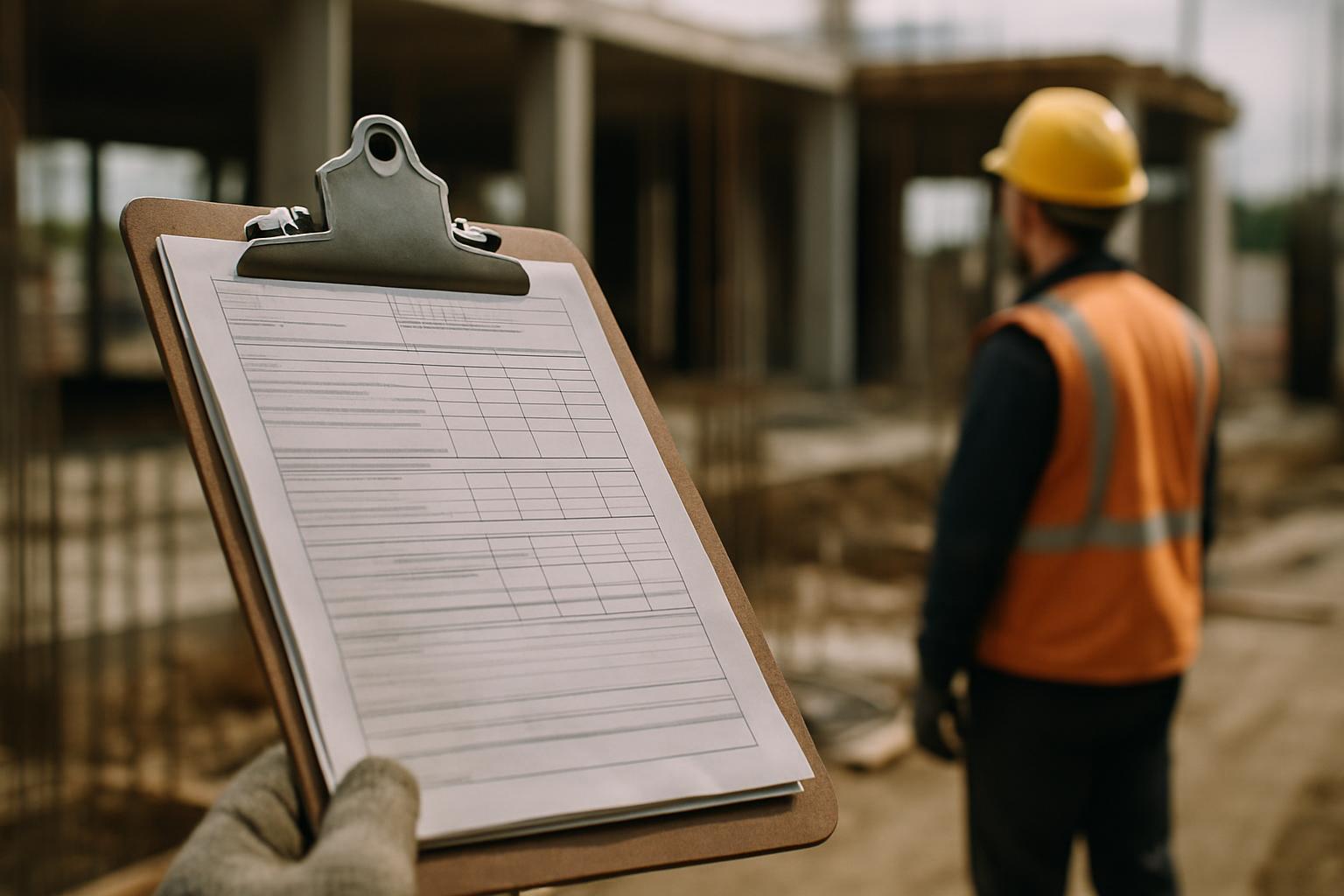 An inspector reviewing a checklist on a clipboard inside an unfinished construction interior.