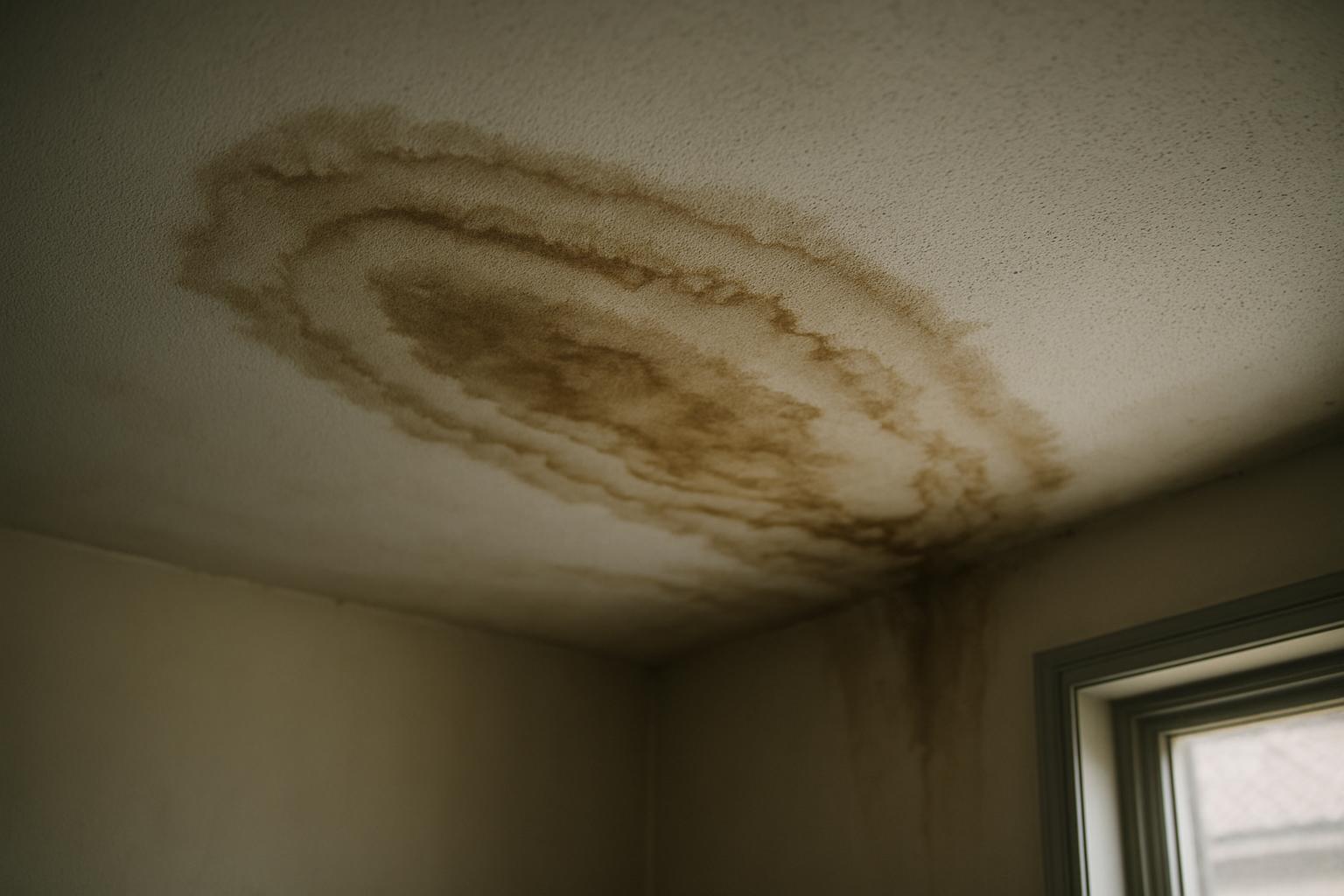 A water-damaged ceiling stain that grew from an unreported leak.