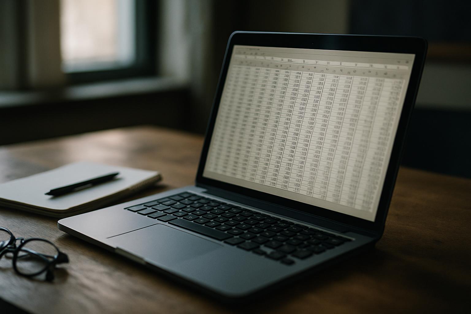 A laptop showing a spreadsheet of exported maintenance data on a desk.