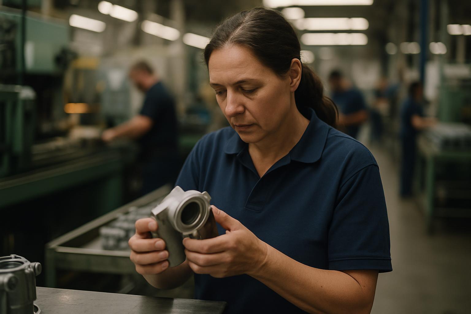 A quality inspector examining a product on a factory shop floor.