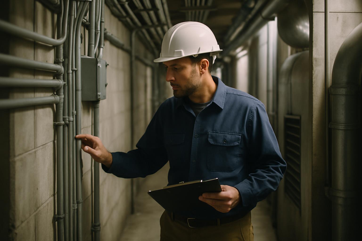 A facilities worker inspecting a commercial building corridor with a handheld device.