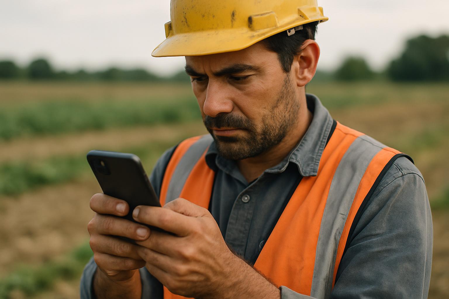 A field worker using a smartphone to report on site.