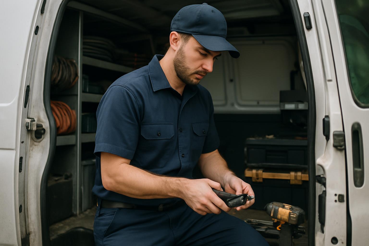 A field service technician beside a work van reviewing a report.