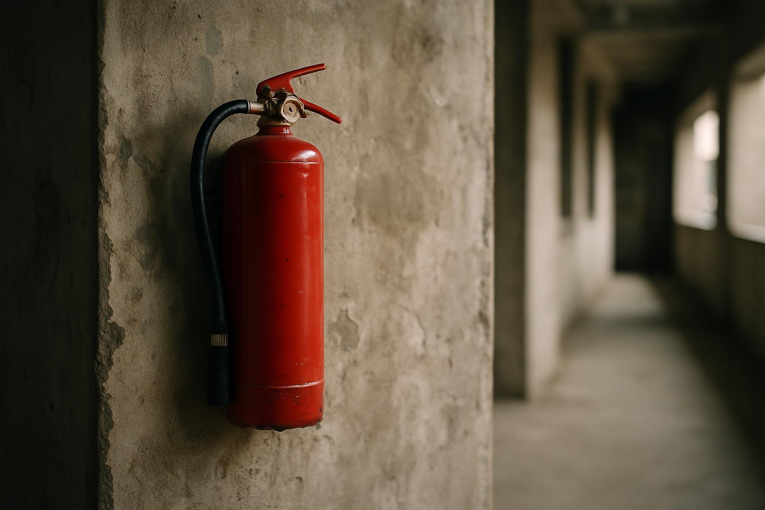 A wall-mounted fire extinguisher inspected during a building safety check.