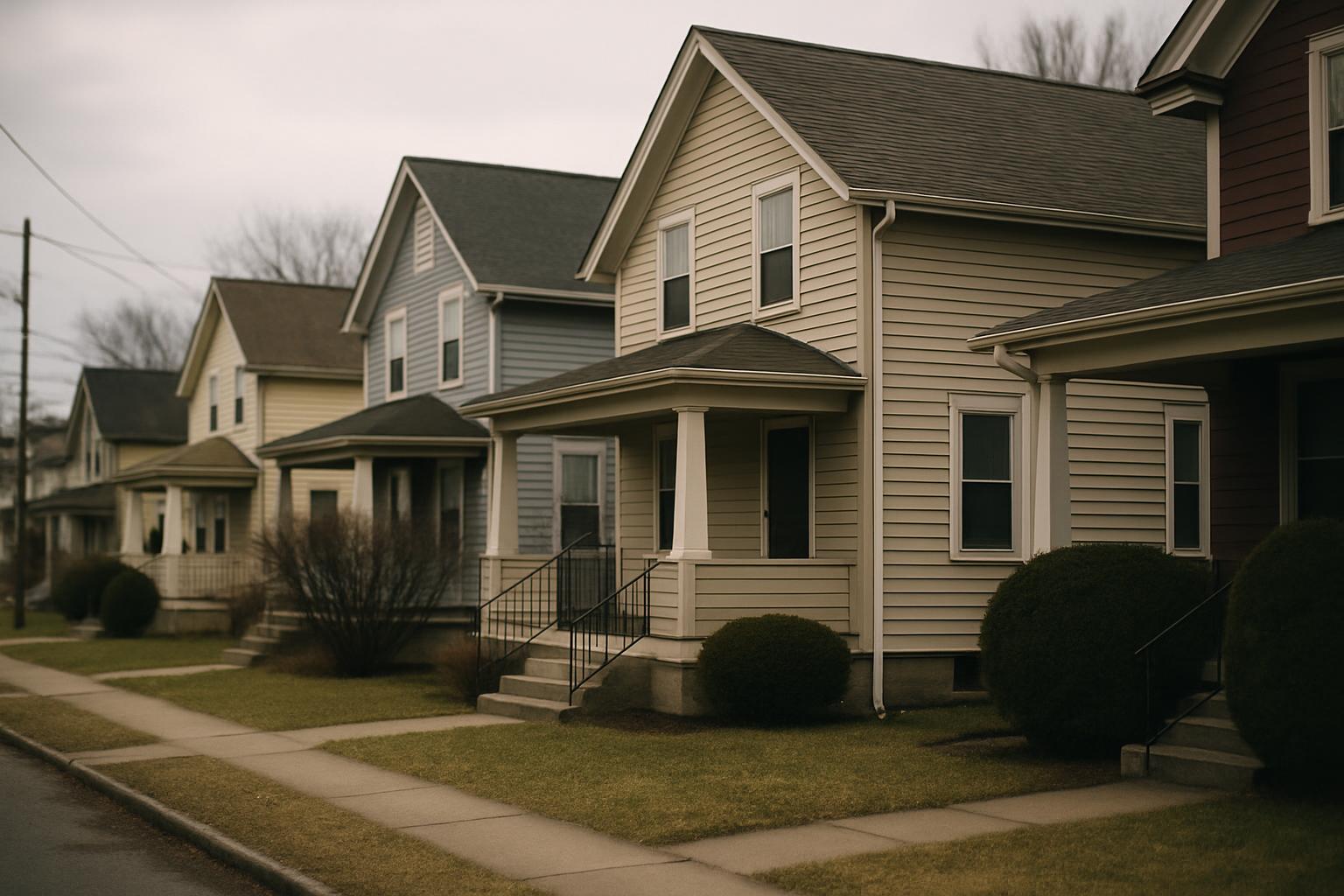 A row of suburban community association homes along a quiet street.