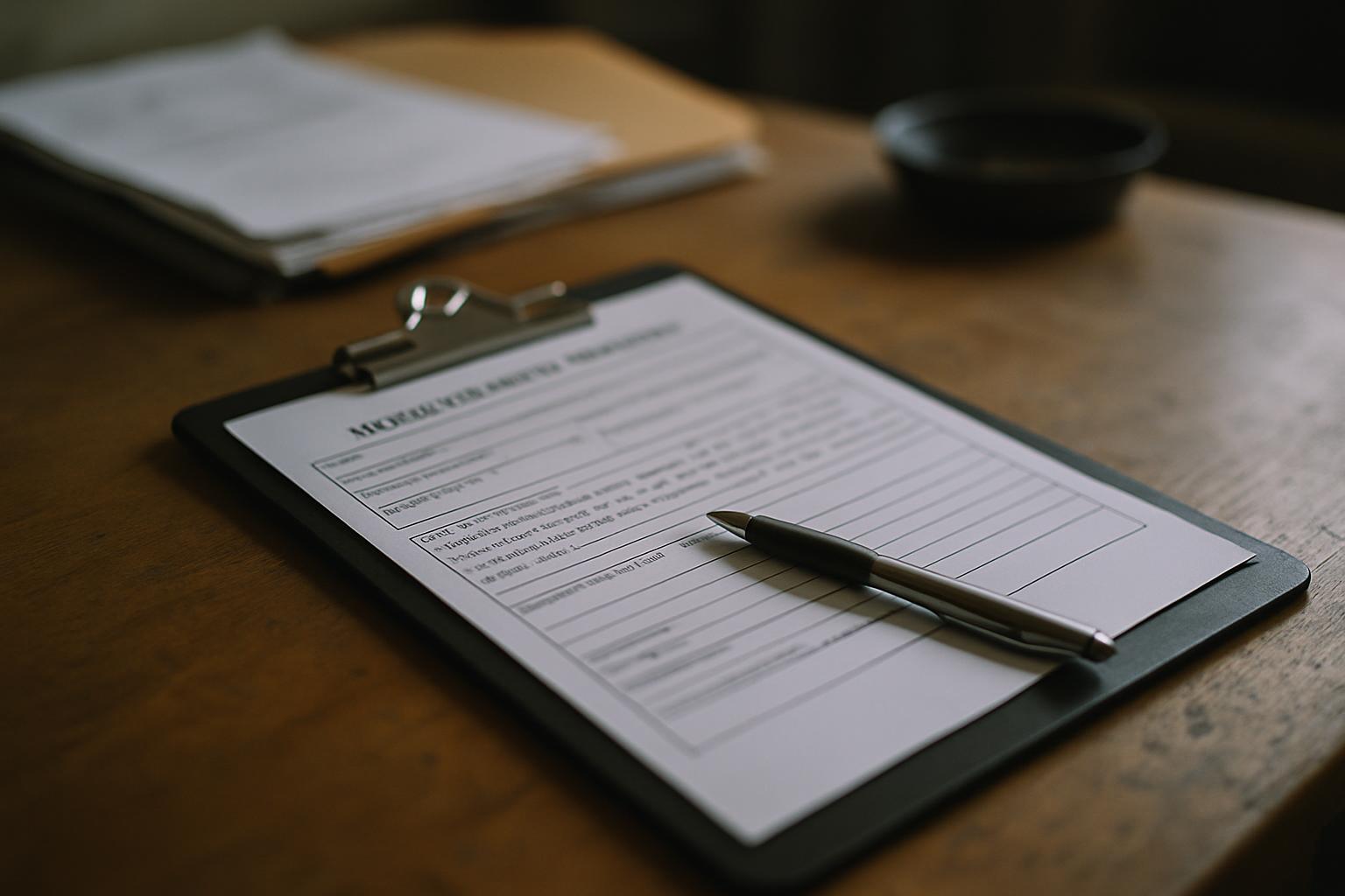 A stack of maintenance request forms on a property manager's desk.