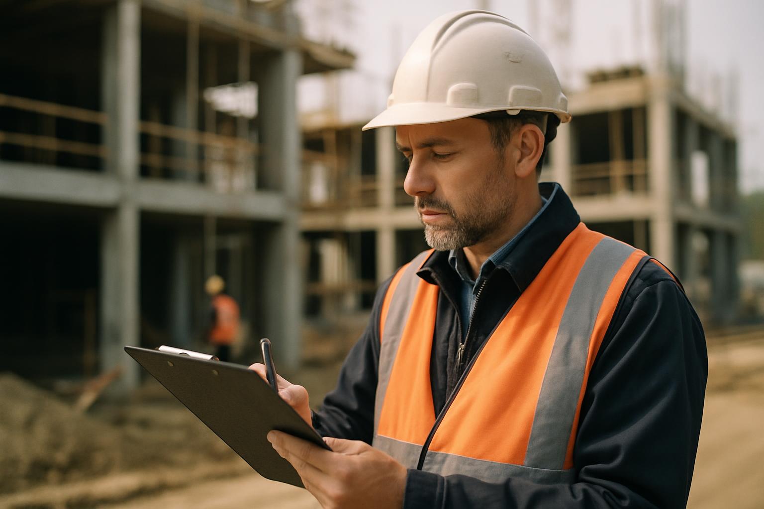 An inspector working through a checklist at a building site.
