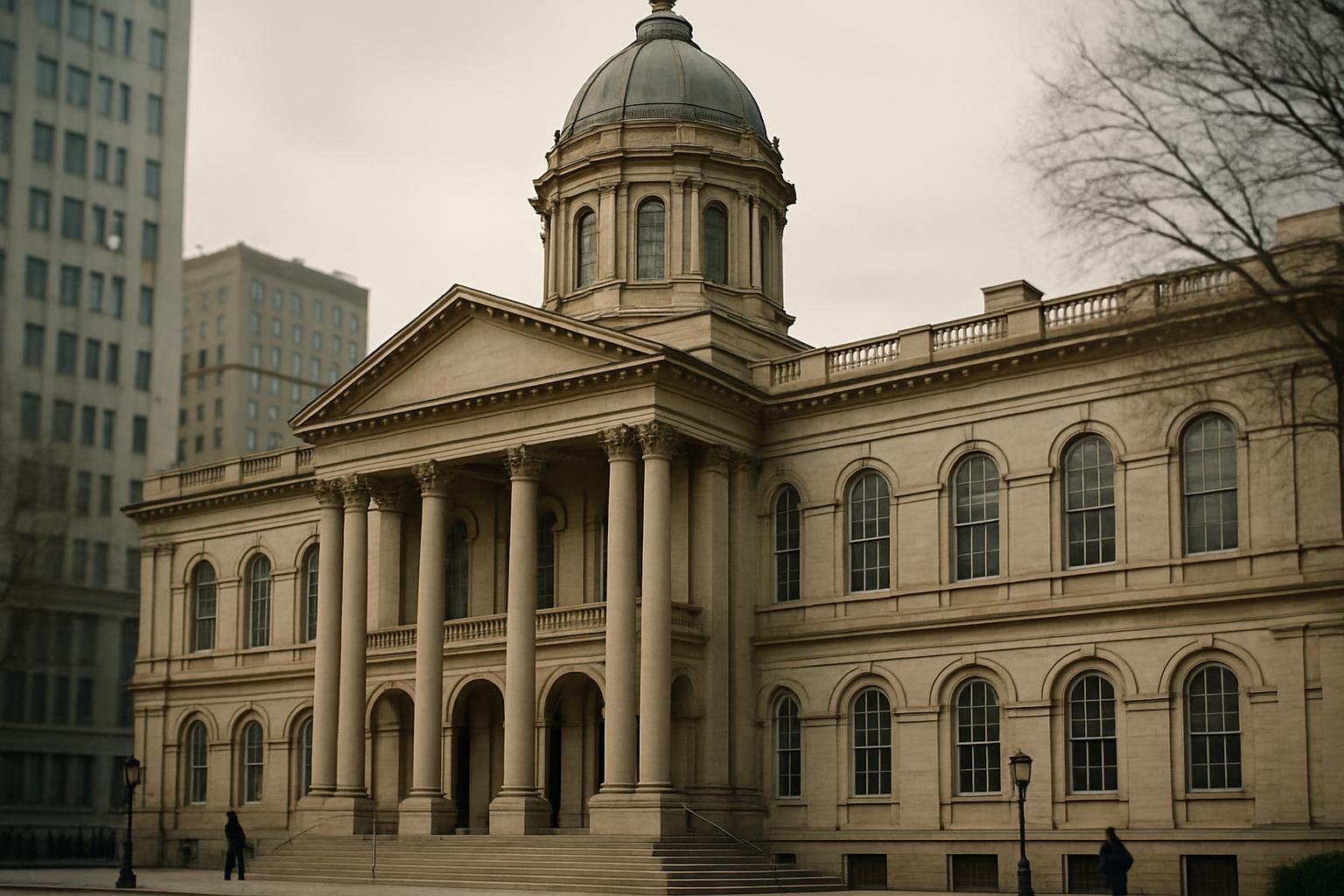 A municipal city hall government building seen from the street.
