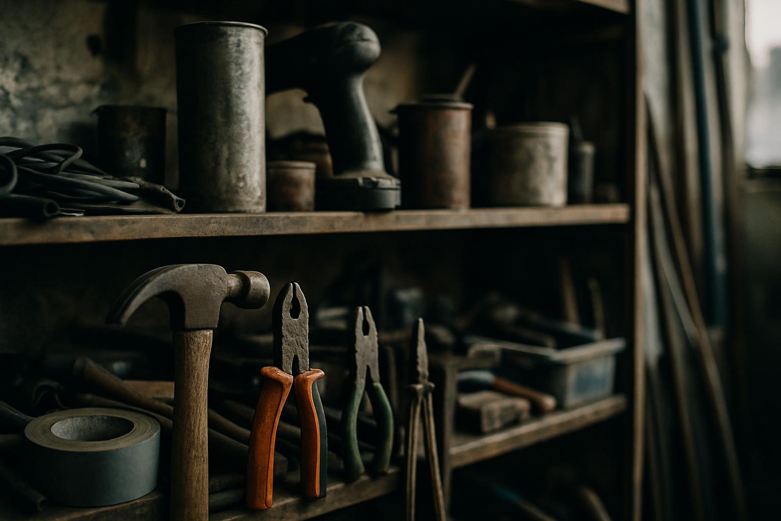 A cluttered maintenance workshop shelf representing a backlog of work.