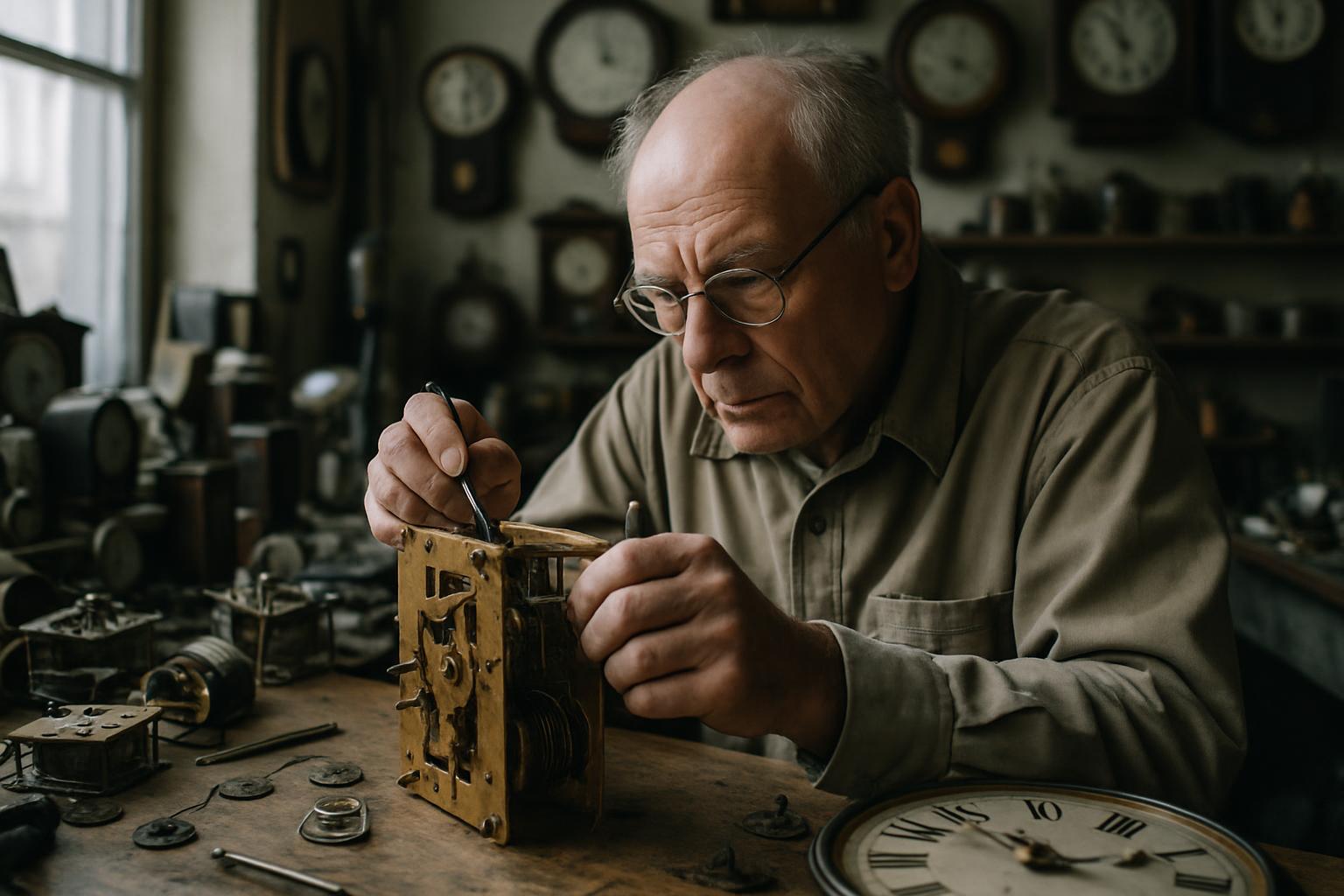 A wall clock in a maintenance workshop beside tools and equipment.