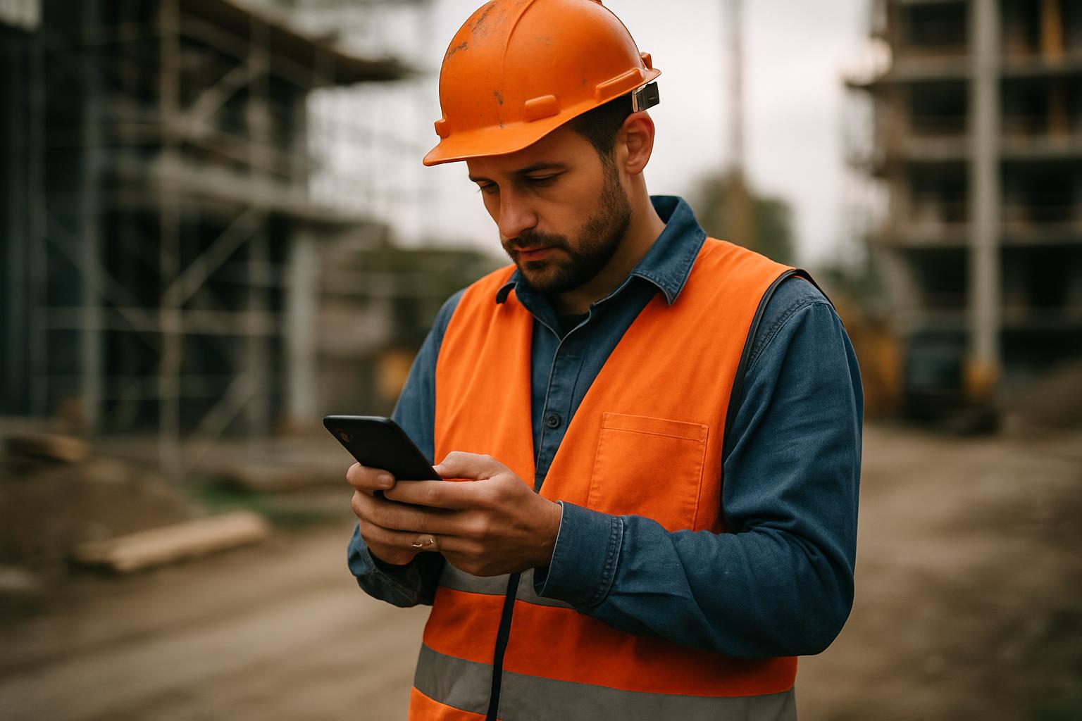 A field worker using a smartphone to log an issue outdoors on site.