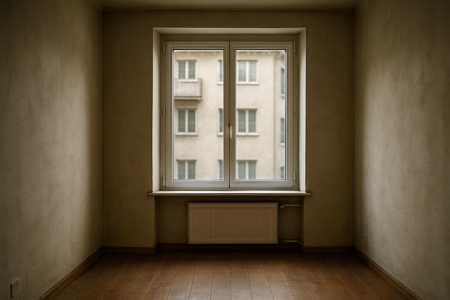 An empty rental apartment room with bare walls during a move-out inspection.