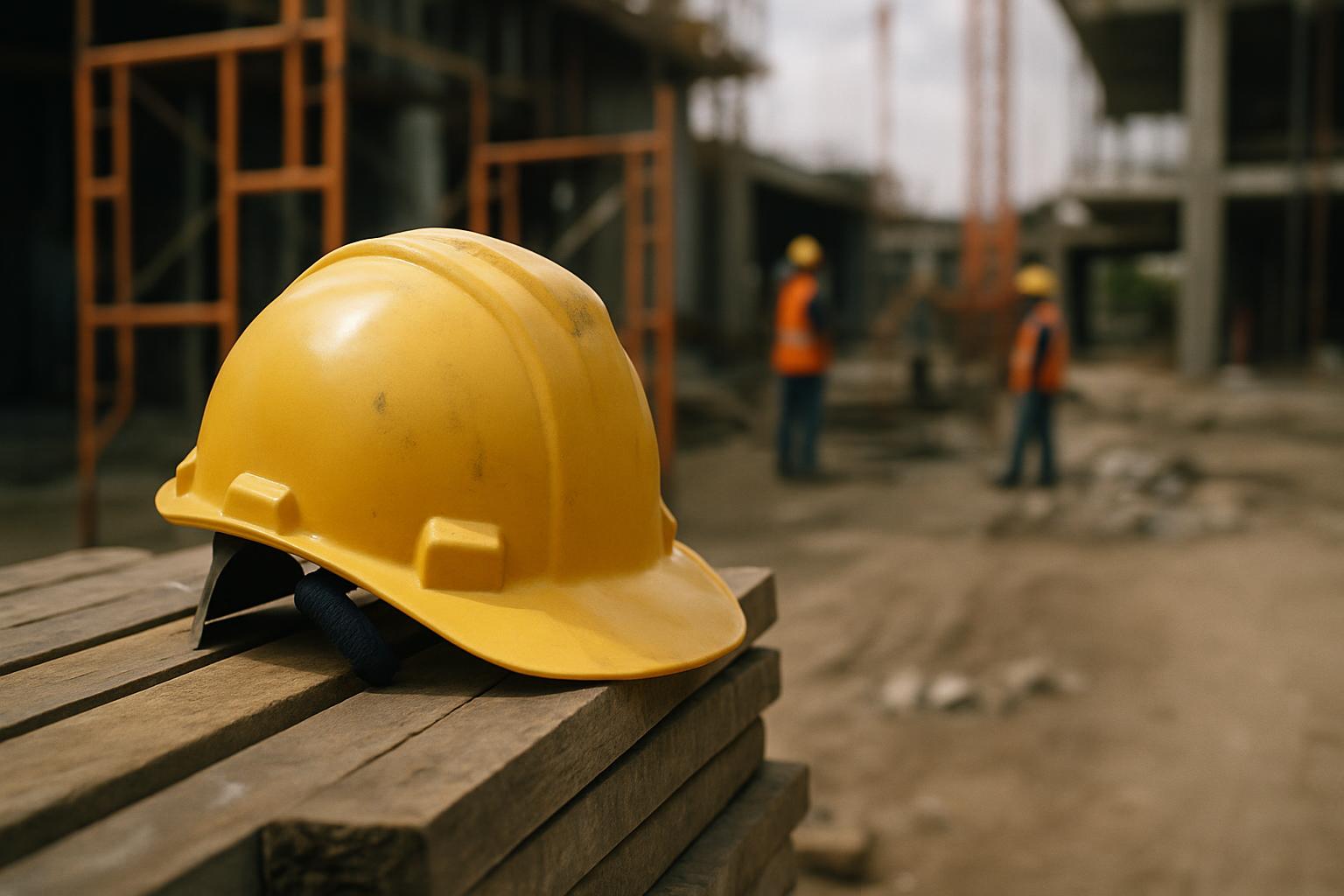 A safety helmet on a construction site where near misses are reported.