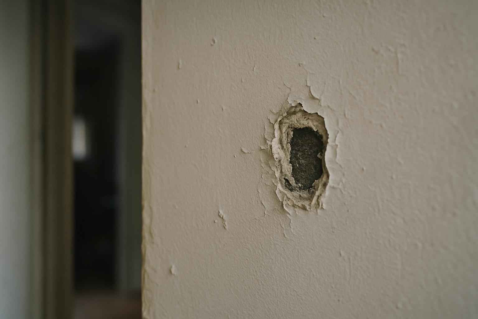 A hand photographing a damaged wall with a smartphone for a maintenance record.