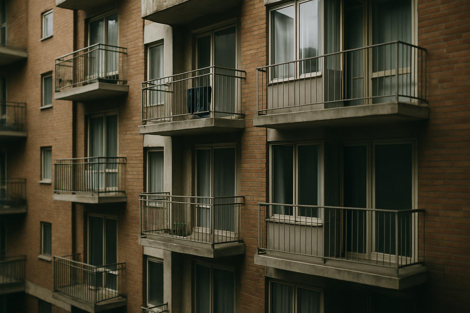 The exterior of a residential apartment building under a clear sky.