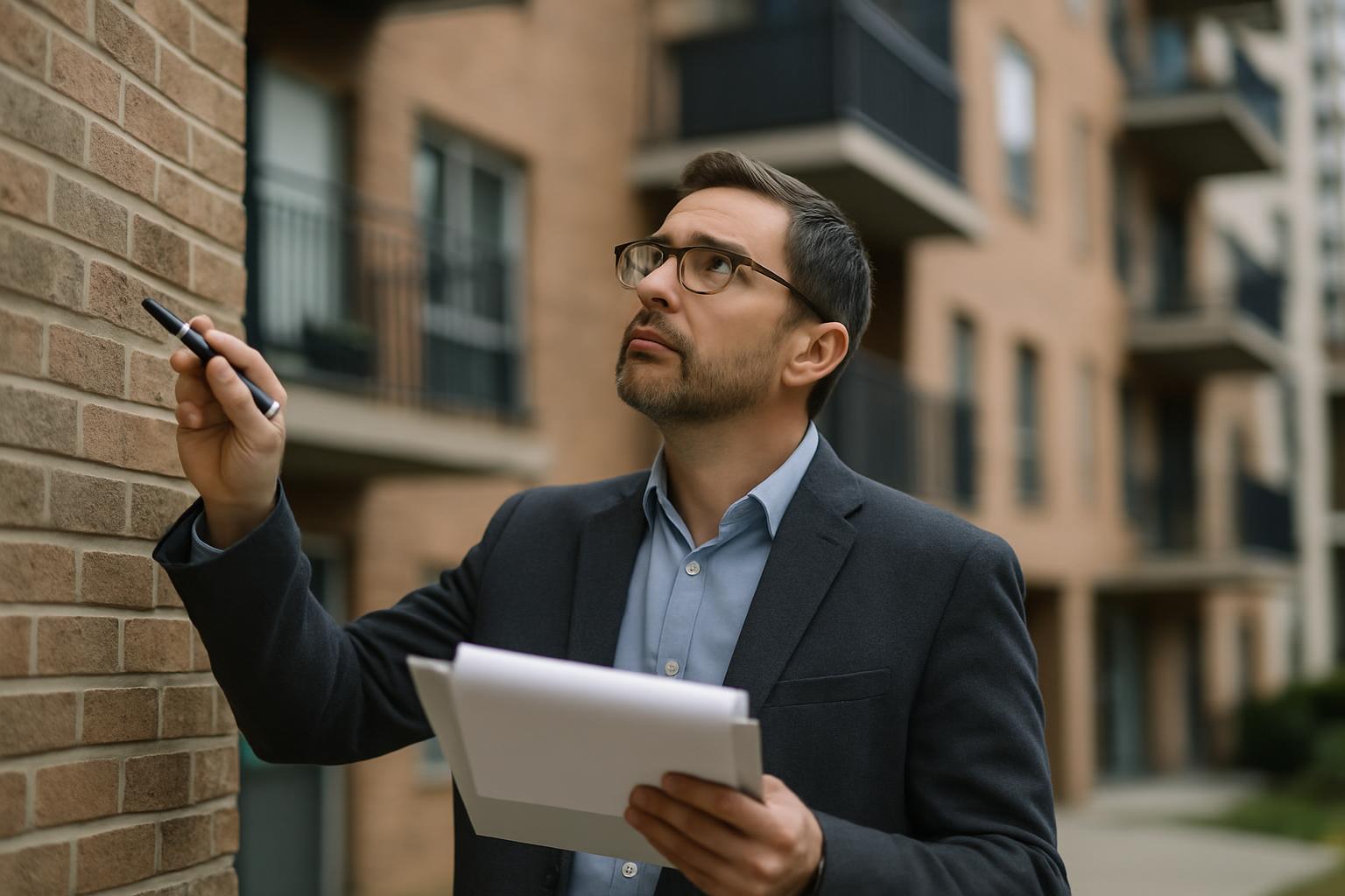 A property manager inspecting an apartment building exterior.