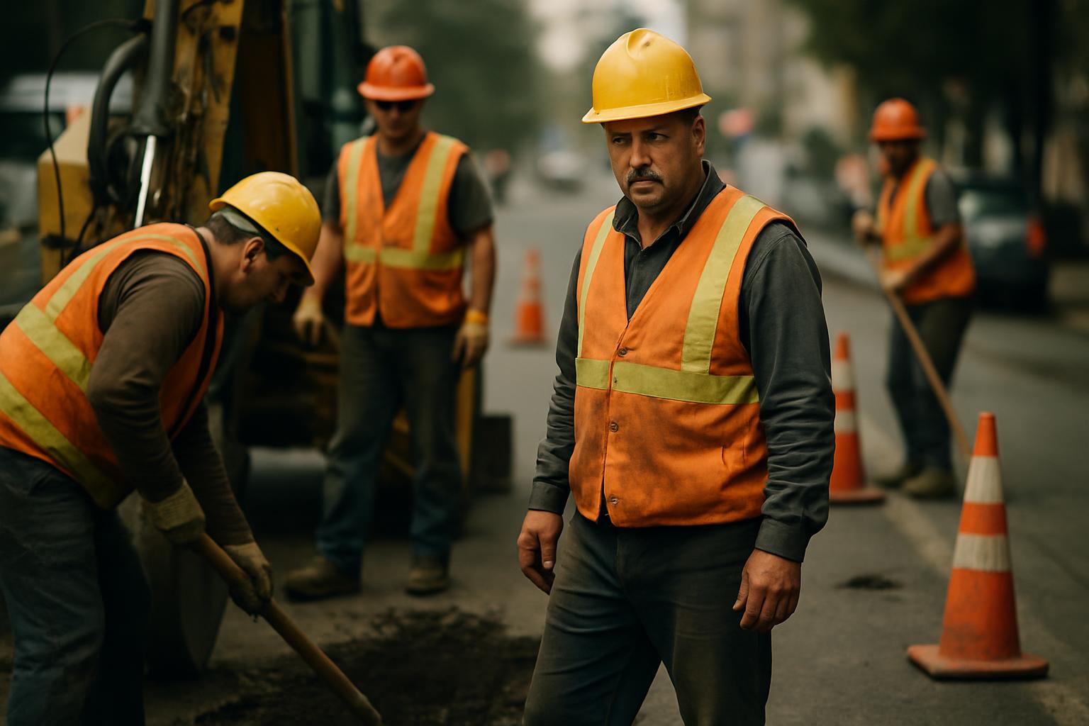 A public works crew working on a city street with equipment.