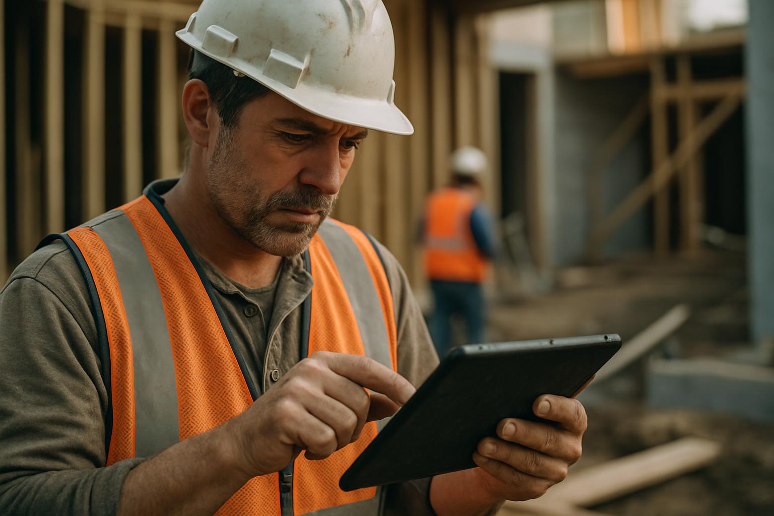 A contractor holding a tablet while standing on a construction site reviewing outstanding work.