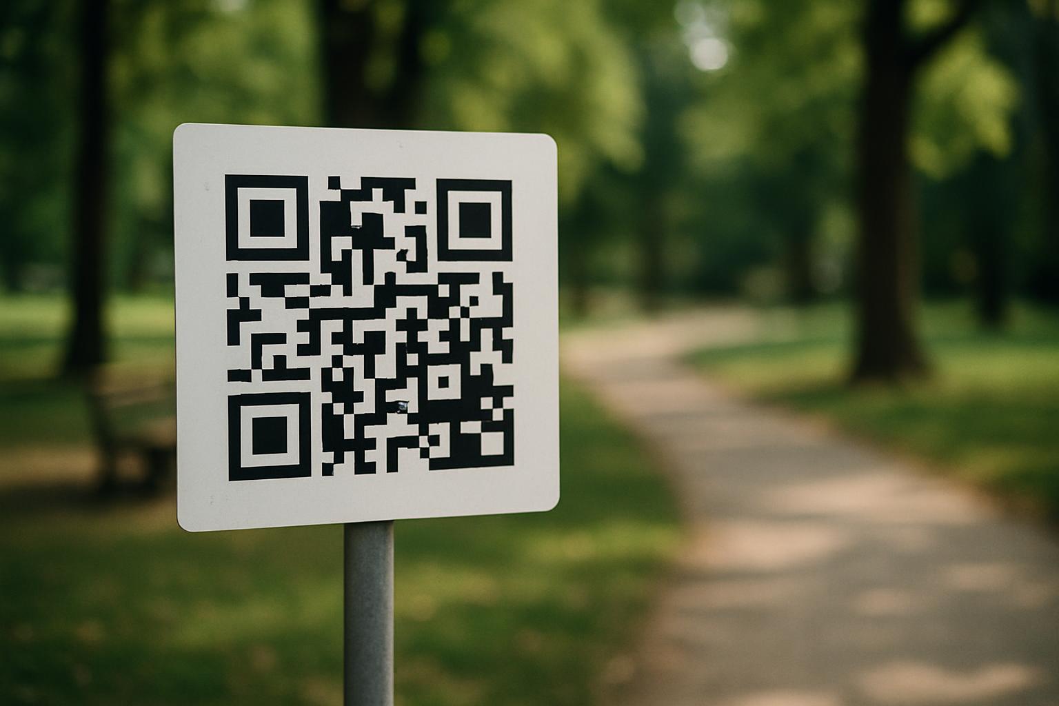 A QR code sign mounted in a public park inviting people to report issues.