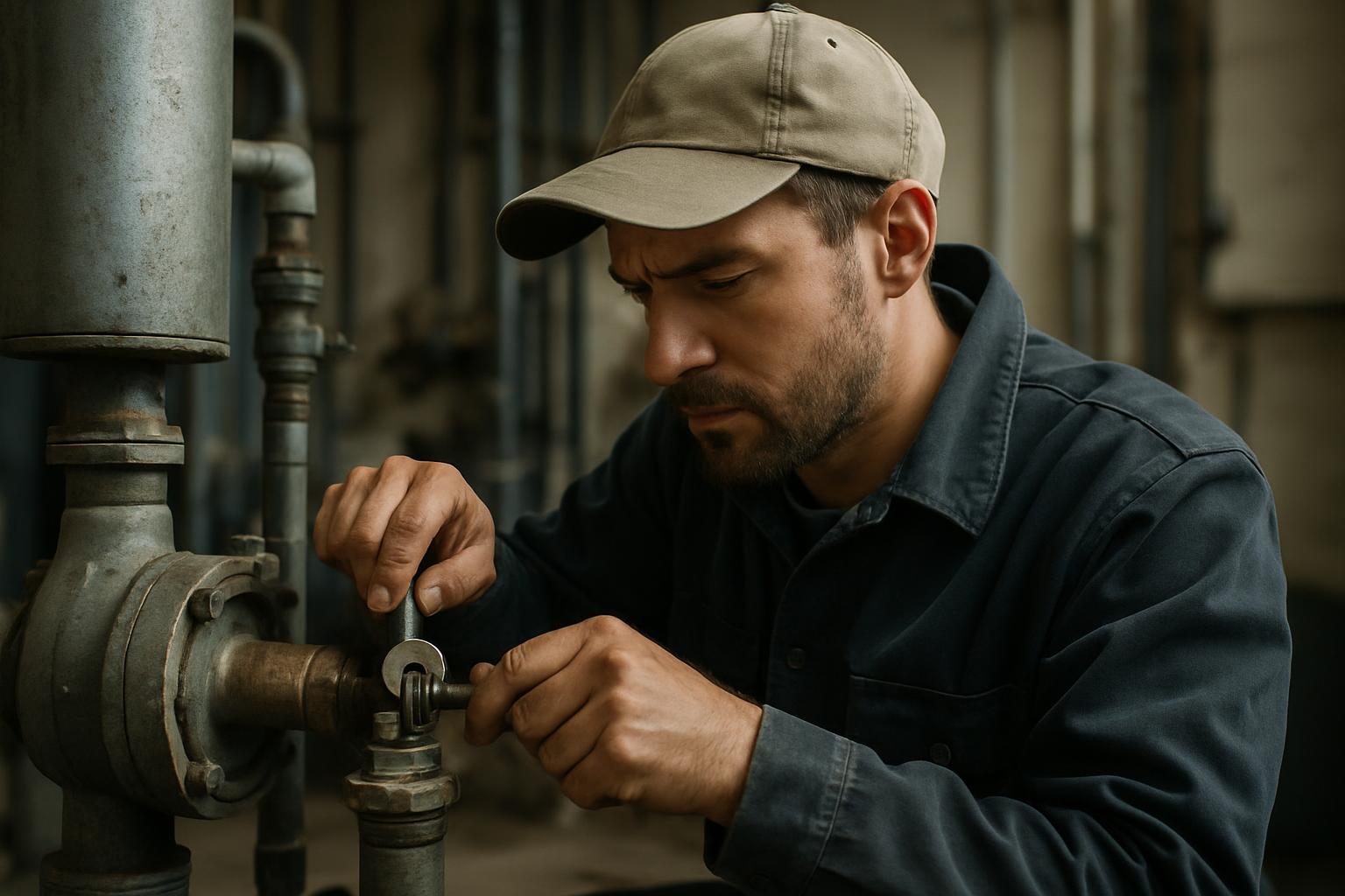 A maintenance technician repairing building equipment in a mechanical room.