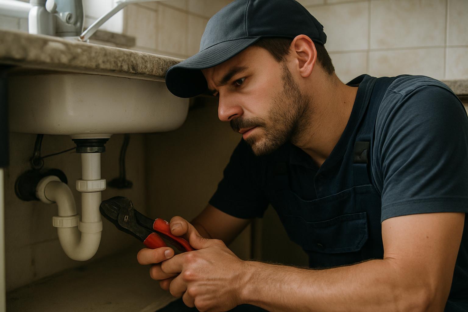 A plumber repairing a sink in a rental apartment kitchen.