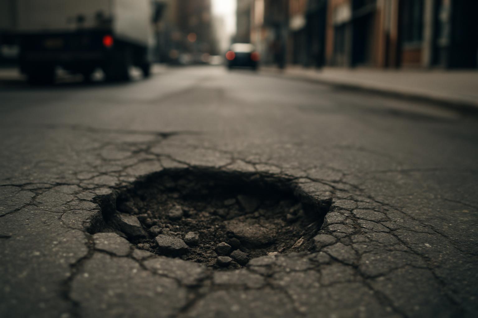 A pothole in a city street road surface awaiting repair.
