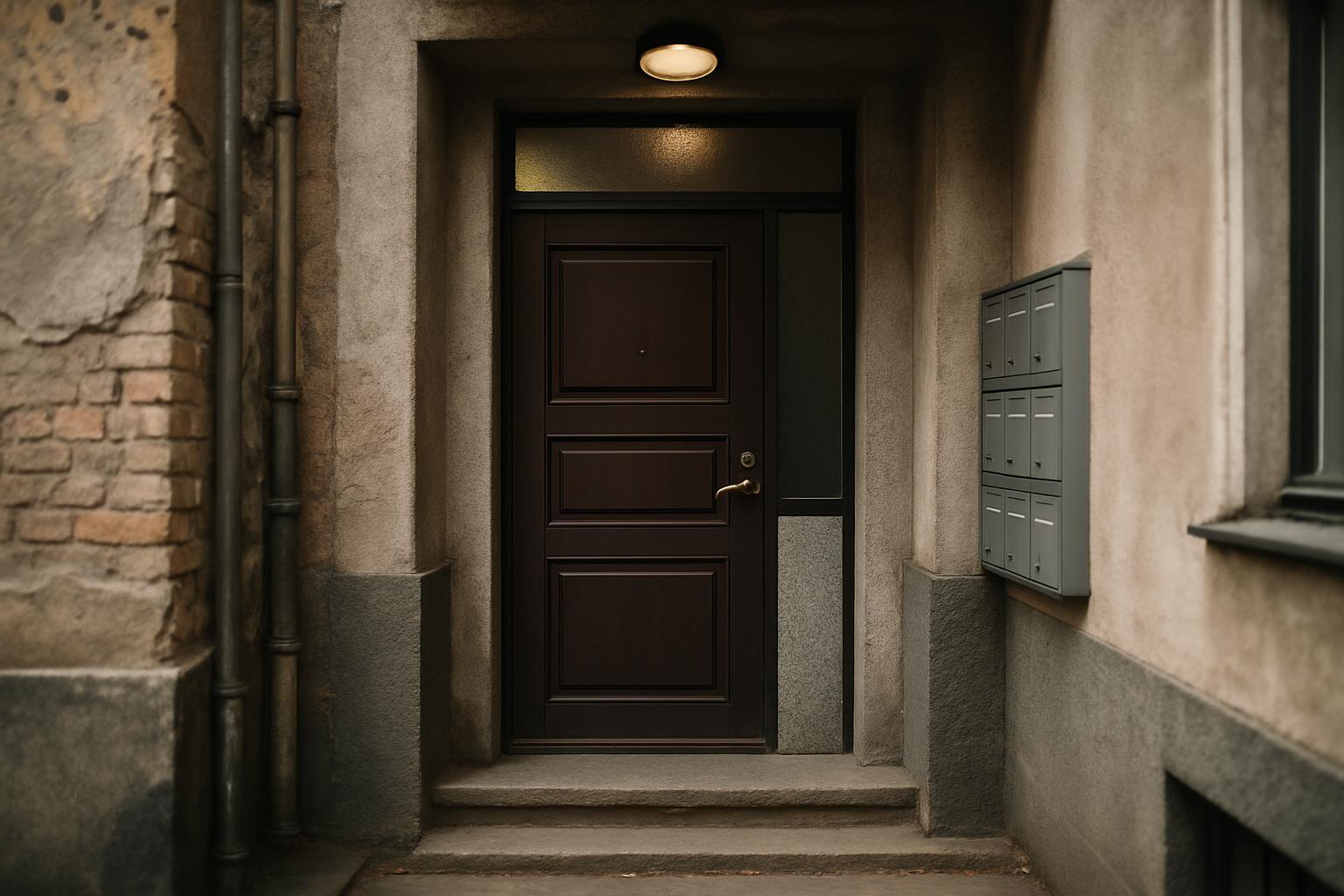 The entrance of a residential building where residents report issues.