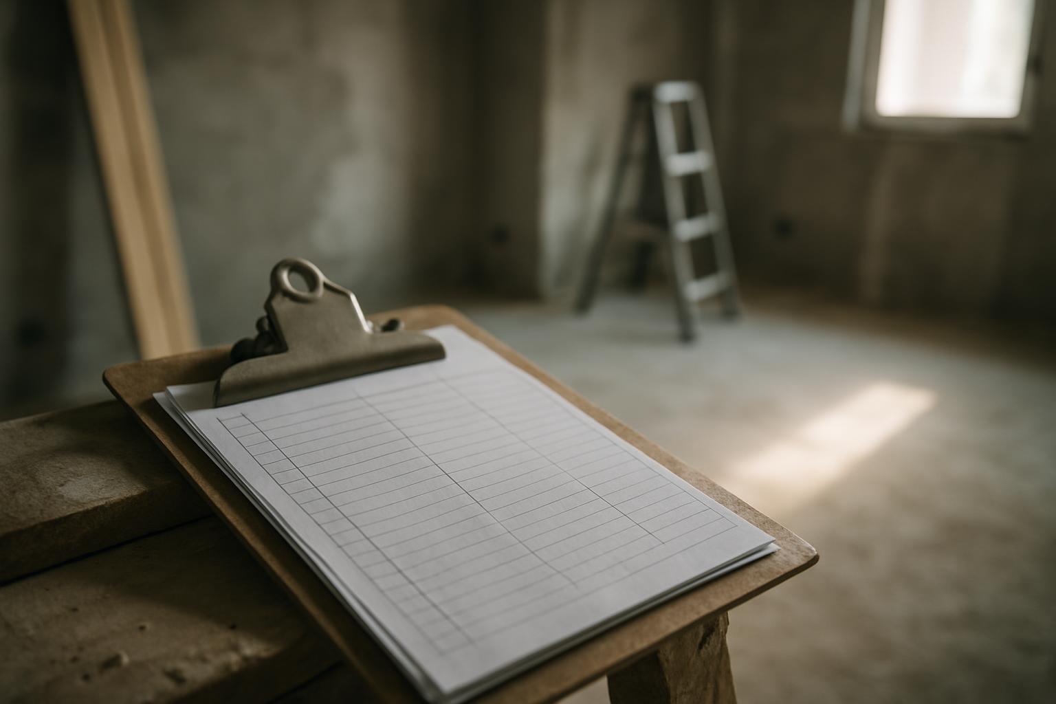 A clipboard with a punch list on an unfinished construction site.