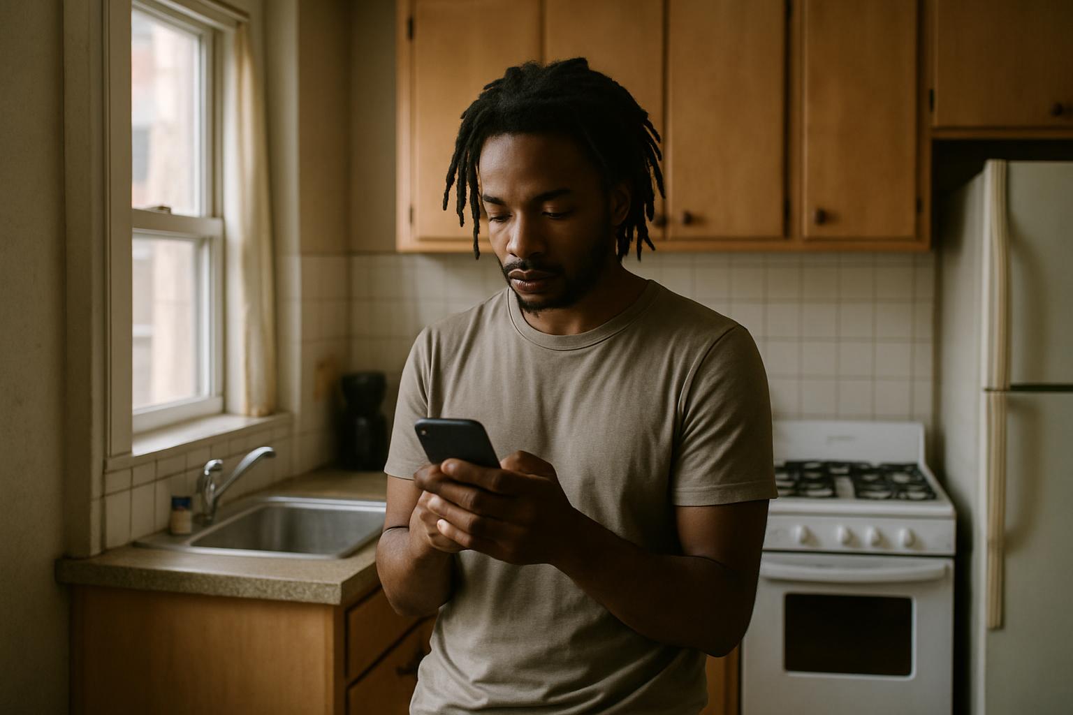 A tenant using a phone to report a repair from their apartment kitchen.