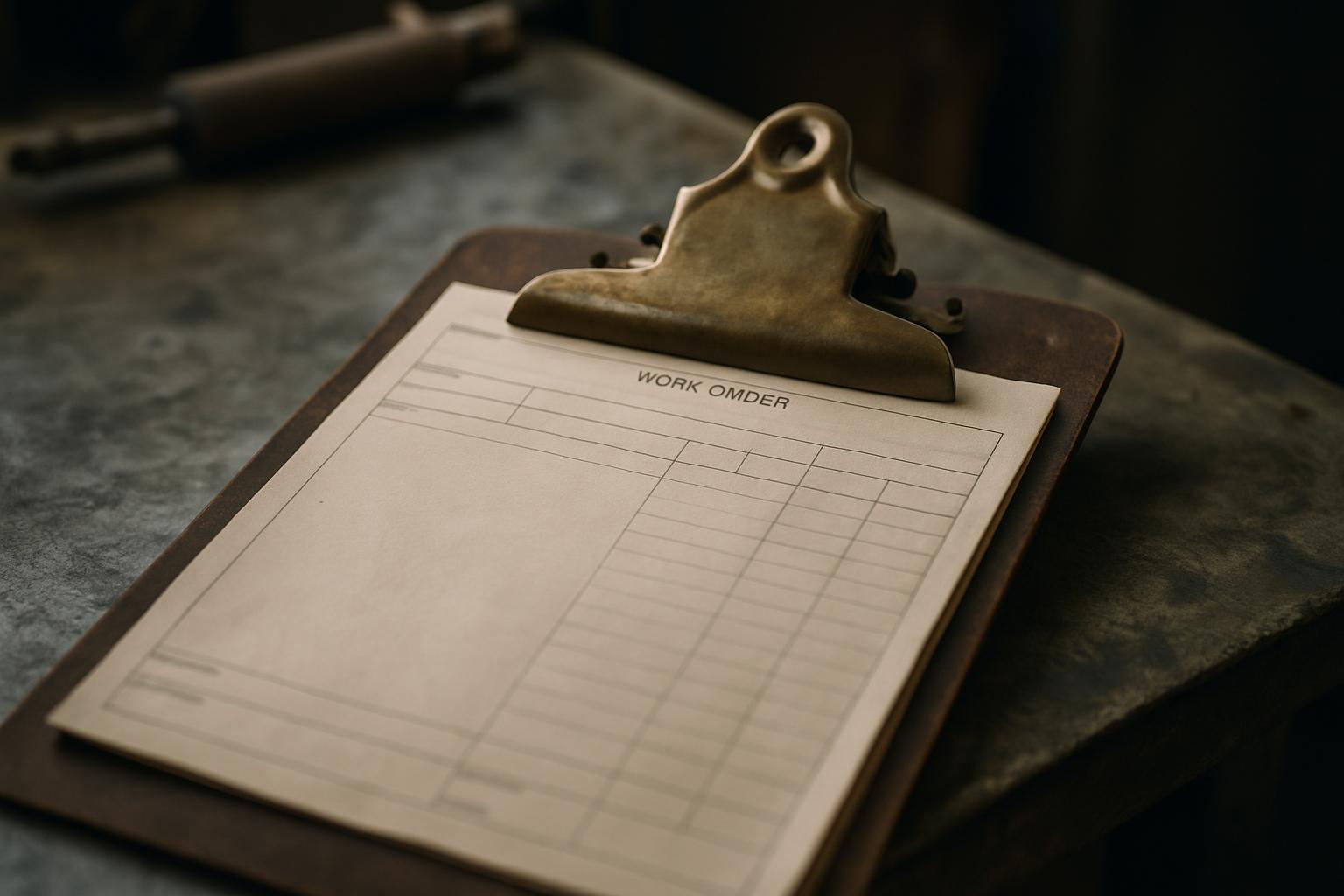 A work order form on a clipboard ready to be assigned to a technician.