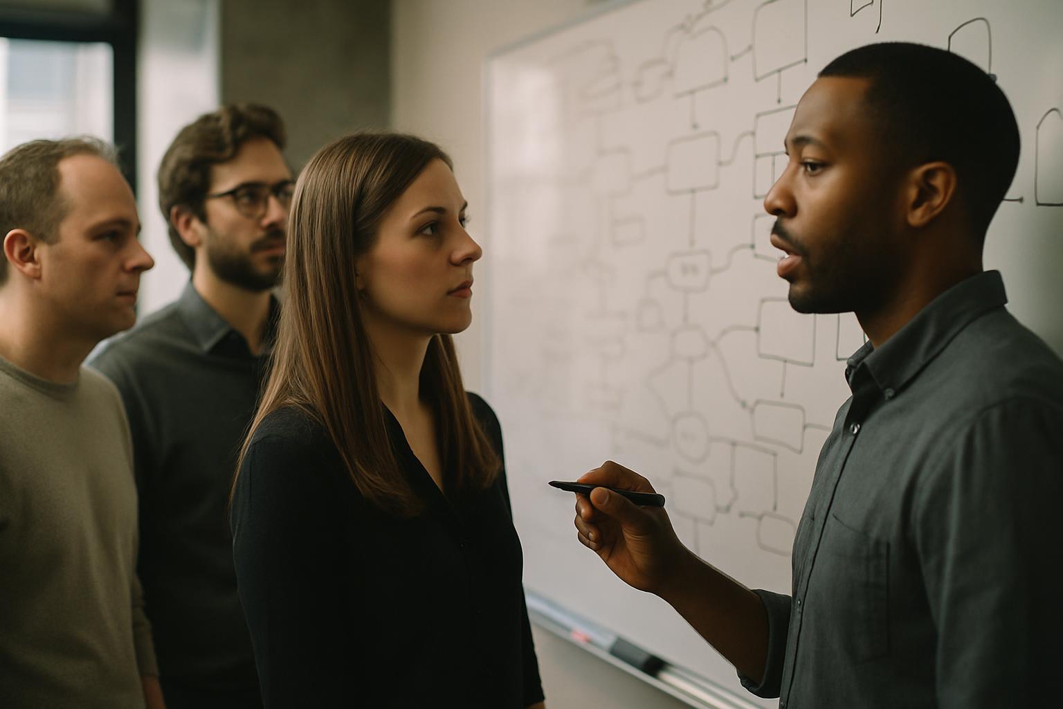 A small team planning work orders around an office whiteboard.