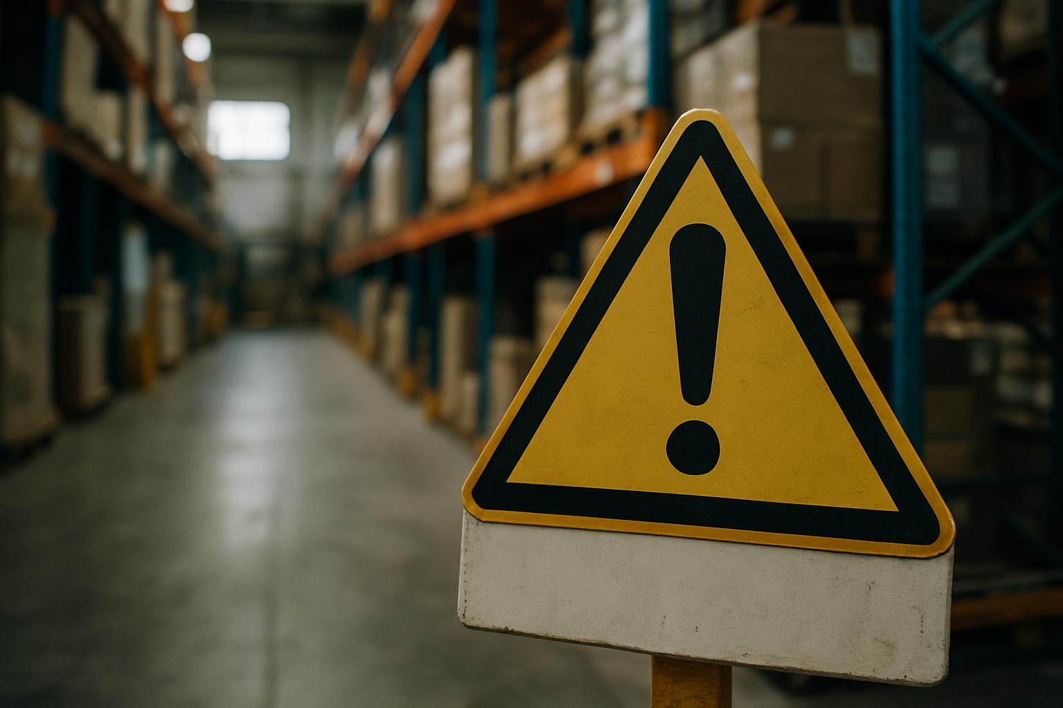A safety warning sign in a warehouse flagging a workplace hazard.